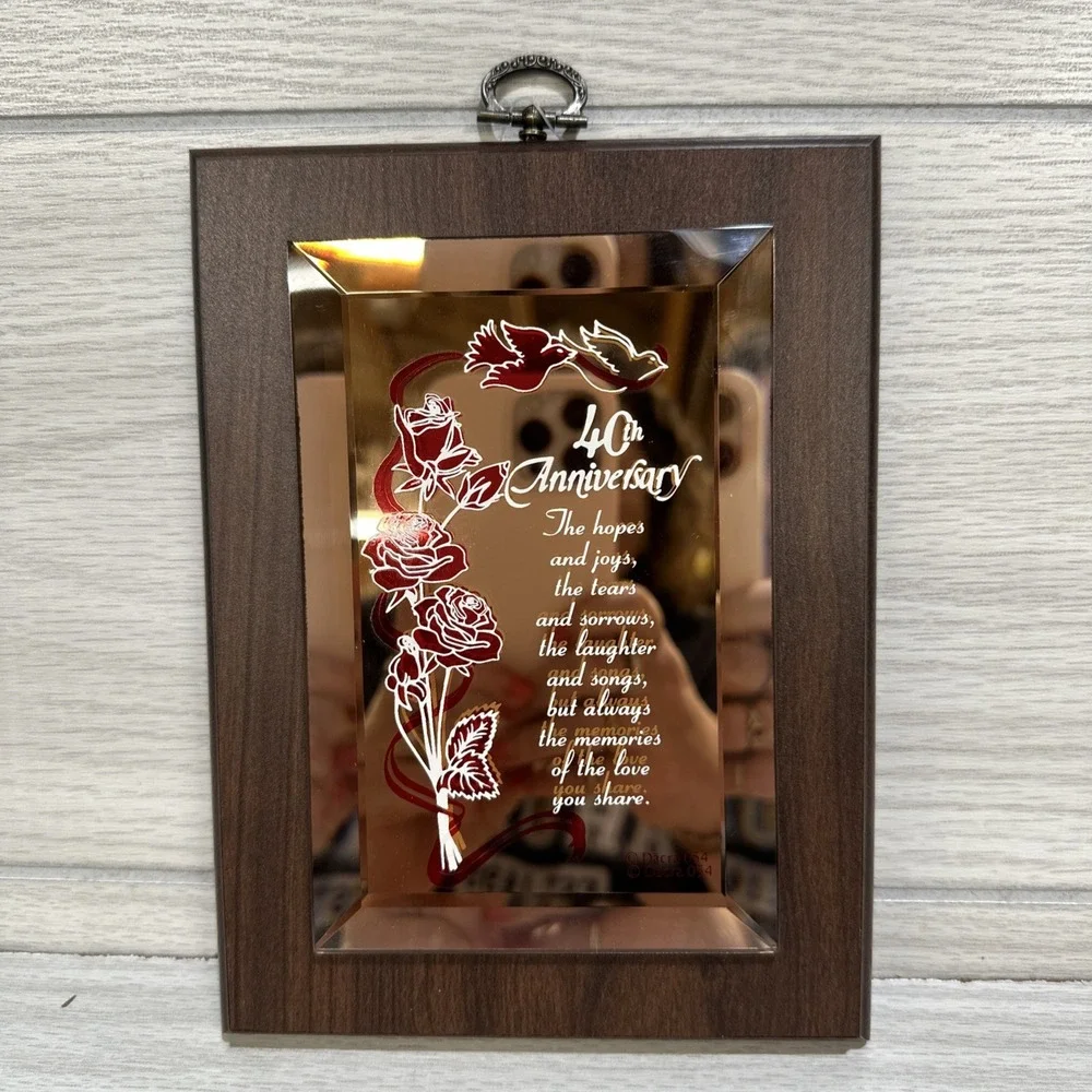 DARCA GLASS 40th Anniversary Glass Mirror Plaque‎ on Wood 7.75x5.75